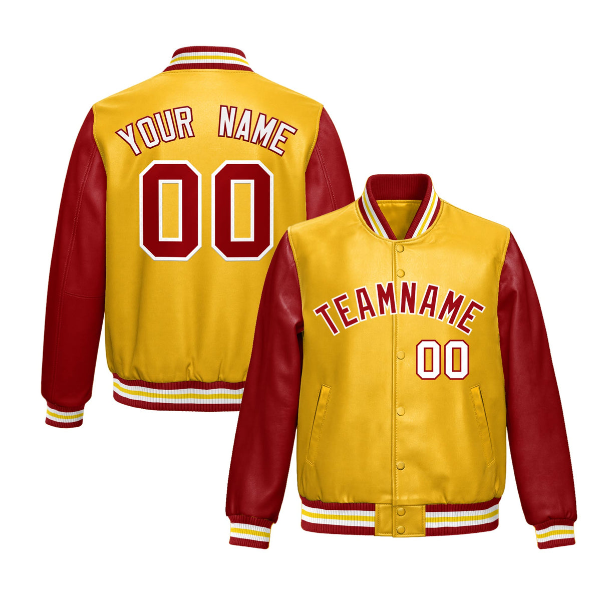 Custom Yellow Red Raglan Sleeves Full-Snap Varsity Faux Leather Letterman Jacket| KXKSHOP