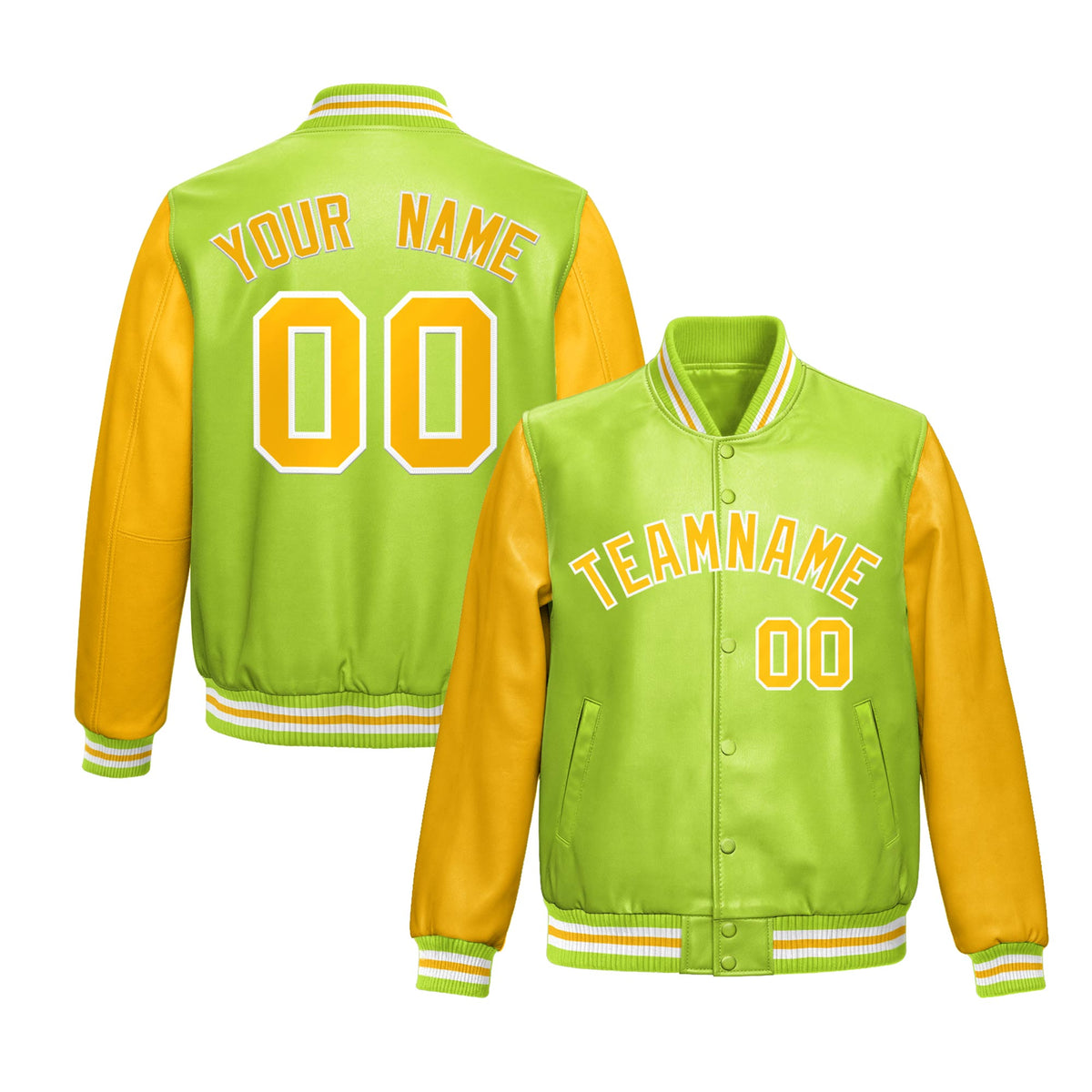 Custom Neon Green Yellow Raglan Sleeves Full-Snap Varsity Faux Leather Letterman Jacket| KXKSHOP