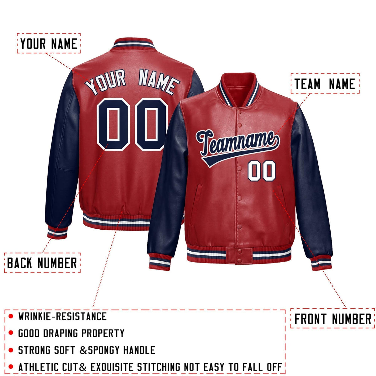 Custom Red Navy Raglan Sleeves Full-Snap Varsity Faux Leather Letterman Jacket| KXKSHOP