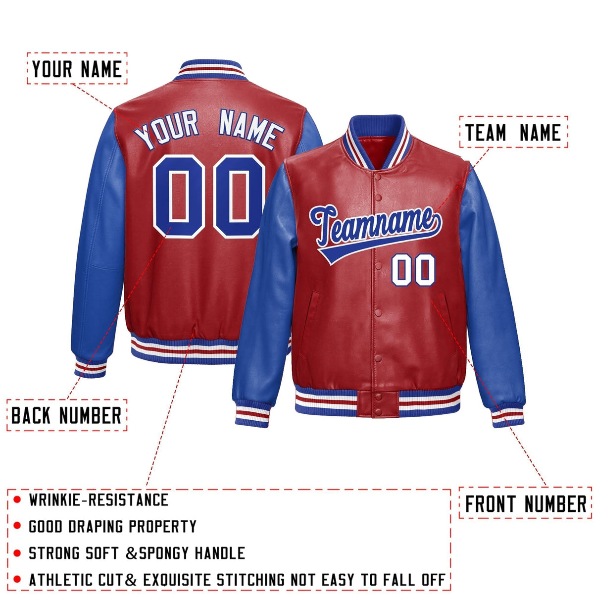Custom Red Royal Blue Raglan Sleeves Full-Snap Varsity Faux Leather Letterman Jacket| KXKSHOP