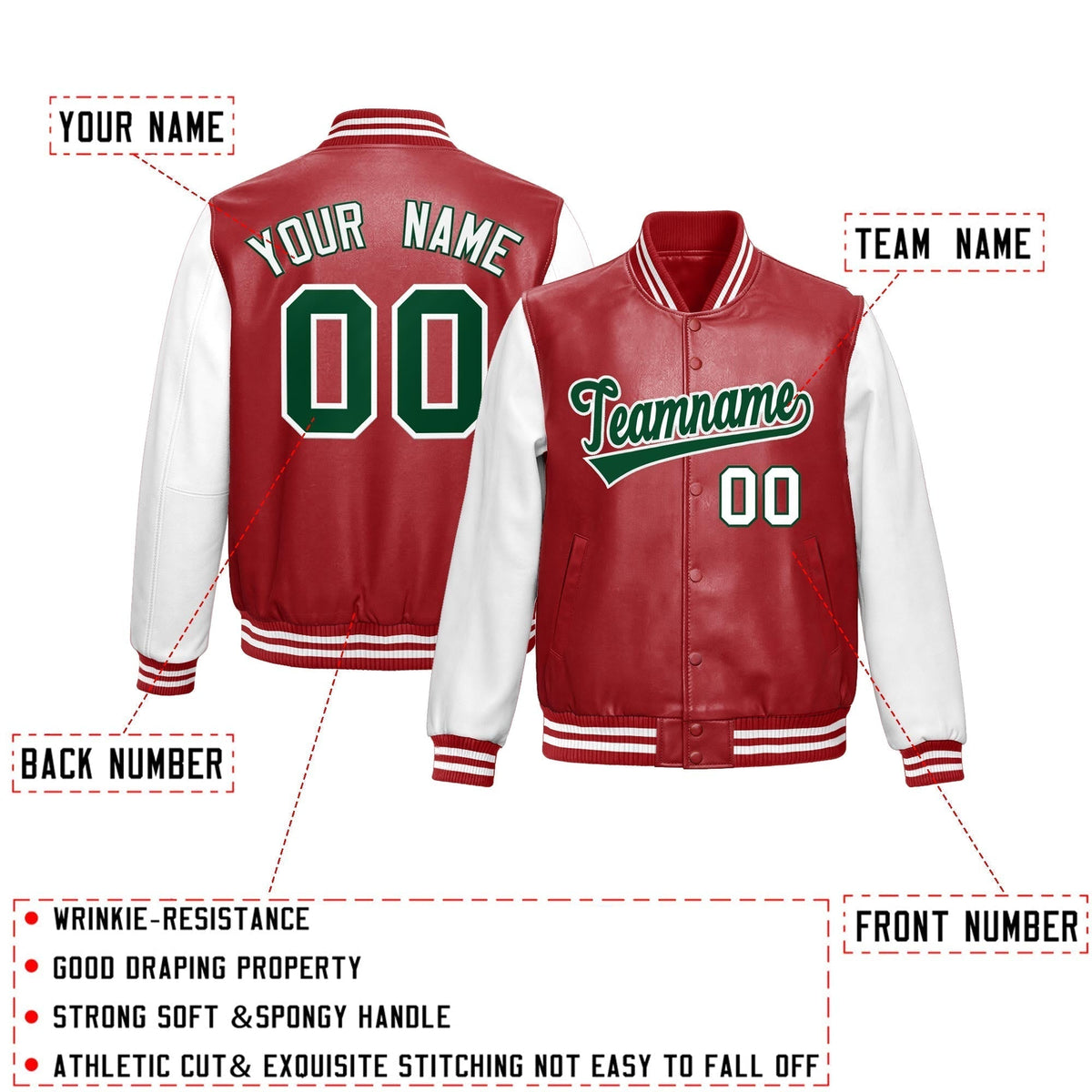 Custom Red White Dark Green Raglan Sleeves Full-Snap Varsity Faux Leather Letterman Jacket| KXKSHOP