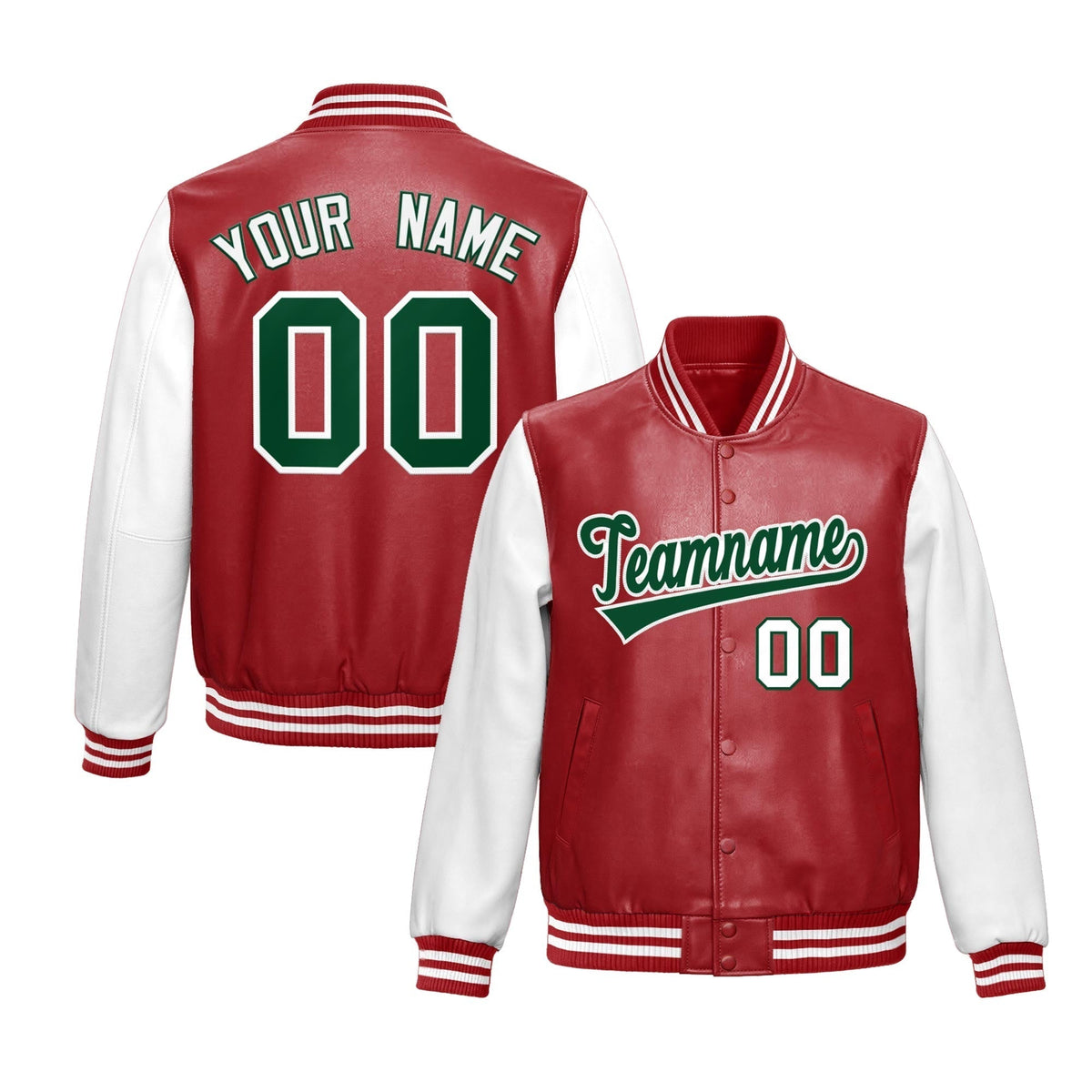 Custom Red White Dark Green Raglan Sleeves Full-Snap Varsity Faux Leather Letterman Jacket| KXKSHOP