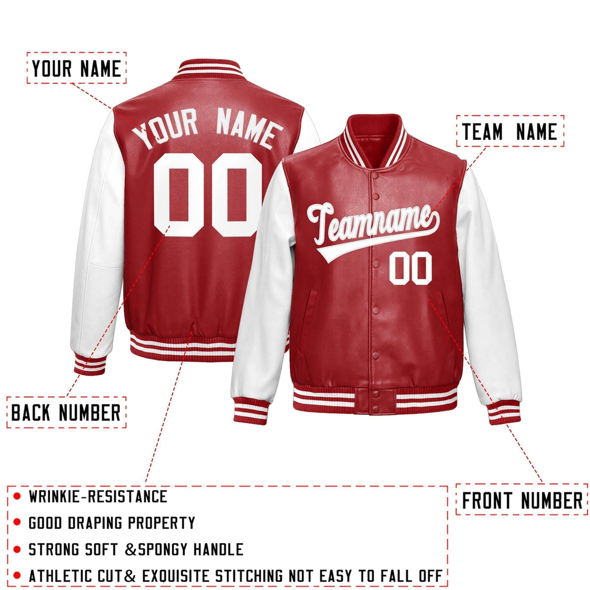 Custom Red White Raglan Sleeves Full-Snap Varsity Faux Leather Letterman Jacket| KXKSHOP