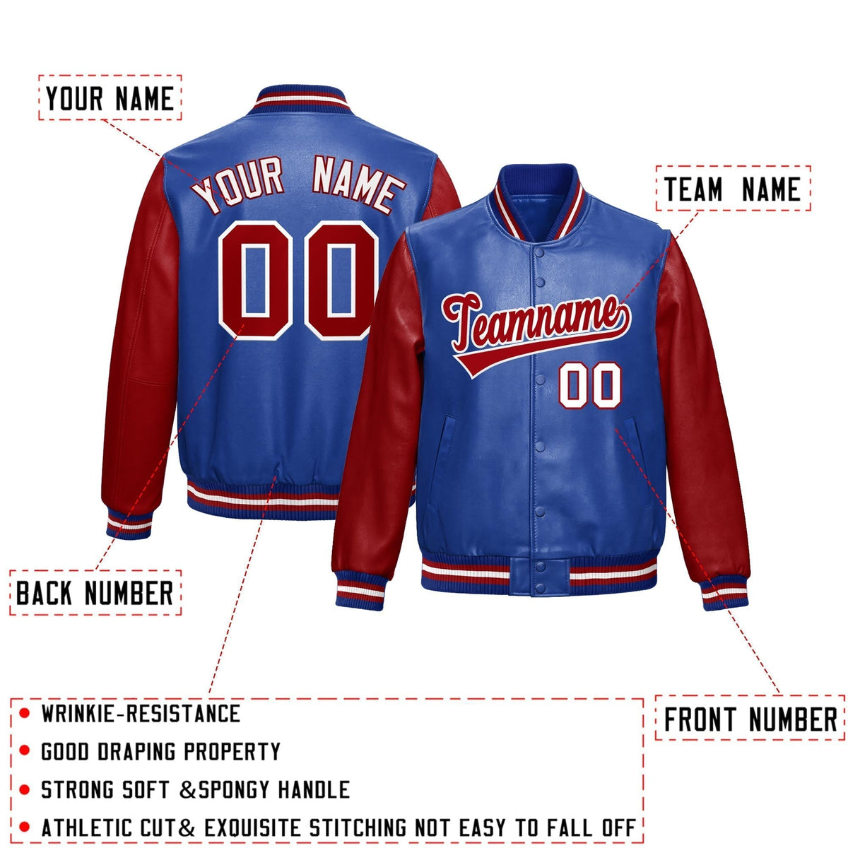Custom Royal Blue Red Raglan Sleeves Full-Snap Varsity Faux Leather Letterman Jacket| KXKSHOP