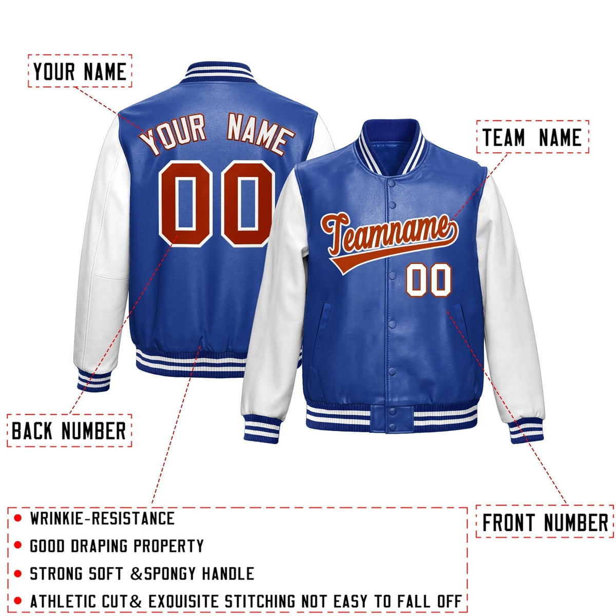 Custom Royal Blue White Dark Orange Raglan Sleeves Full-Snap Varsity Faux Leather Letterman Jacket| KXKSHOP