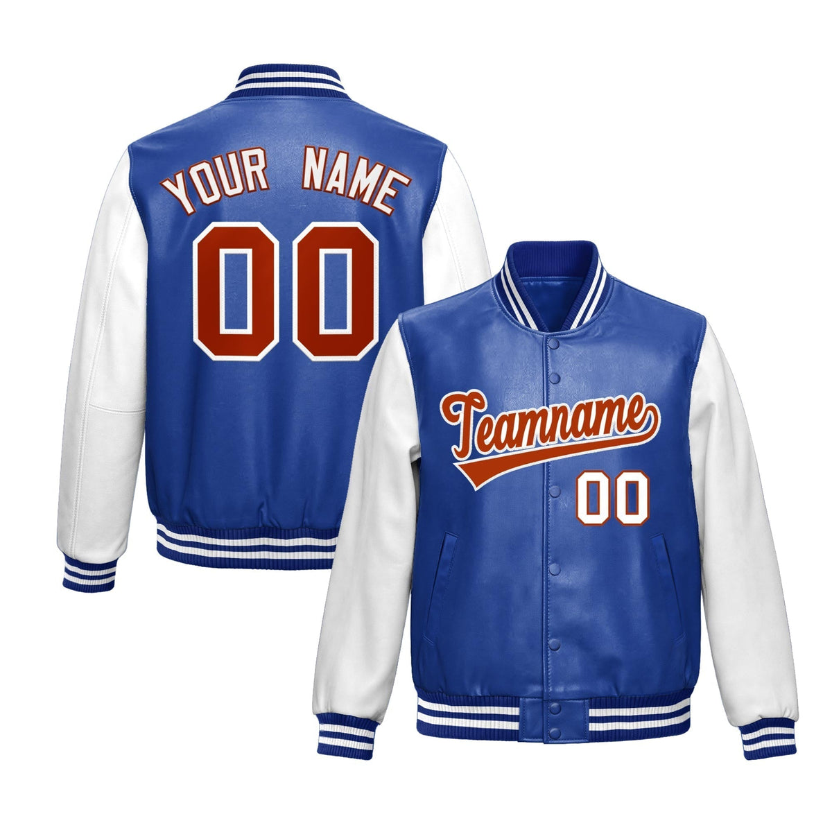 Custom Royal Blue White Dark Orange Raglan Sleeves Full-Snap Varsity Faux Leather Letterman Jacket| KXKSHOP