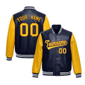 Custom Navy Yellow Raglan Sleeves Full-Snap Varsity Faux Leather Letterman Jacket| KXKSHOP