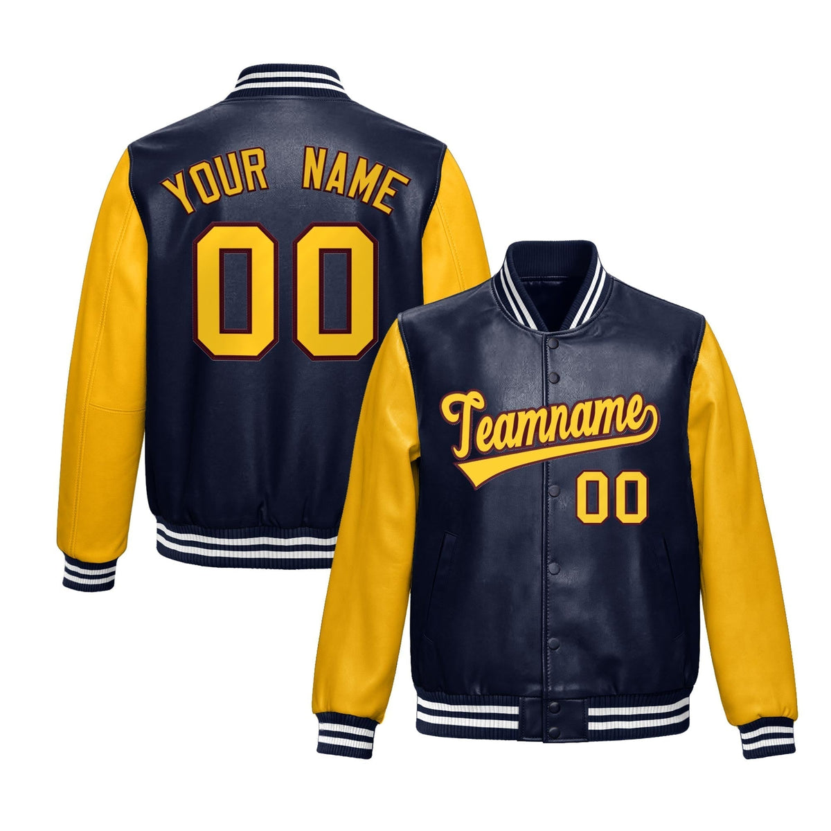 Custom Navy Yellow Raglan Sleeves Full-Snap Varsity Faux Leather Letterman Jacket| KXKSHOP