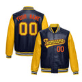 Custom Navy Yellow Orange Raglan Sleeves Full-Snap Varsity Faux Leather Letterman Jacket| KXKSHOP