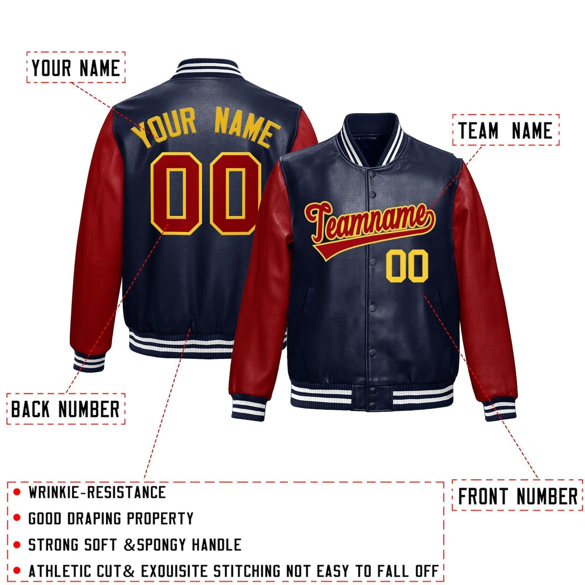 Custom Navy Red Gold Raglan Sleeves Full-Snap Varsity Faux Leather Letterman Jacket| KXKSHOP