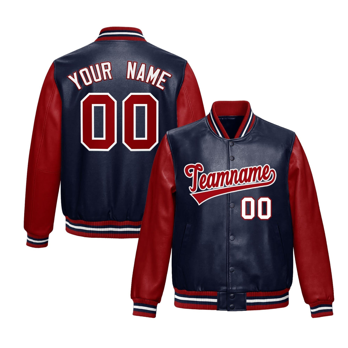 Custom Navy Red Raglan Sleeves Full-Snap Varsity Faux Leather Letterman Jacket| KXKSHOP