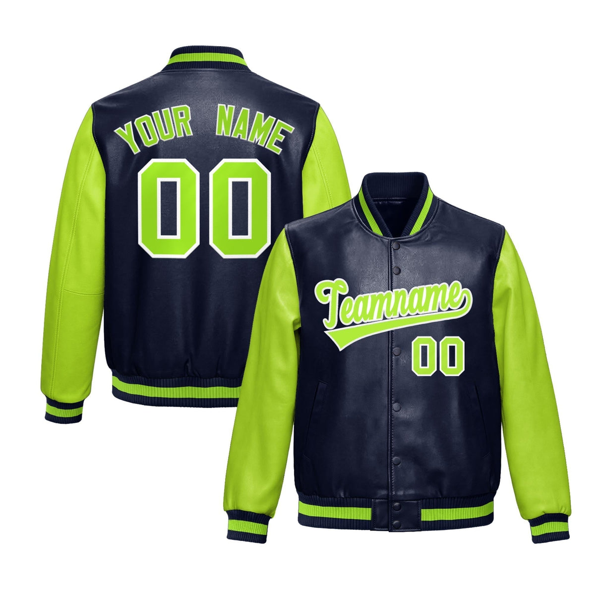 Custom Navy Neon Green Raglan Sleeves Full-Snap Varsity Faux Leather Letterman Jacket| KXKSHOP