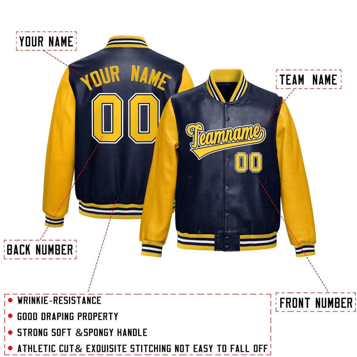 Custom Navy Yellow White Raglan Sleeves Full-Snap Varsity Faux Leather Letterman Jacket| KXKSHOP