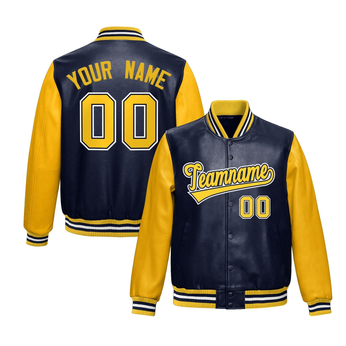Custom Navy Yellow White Raglan Sleeves Full-Snap Varsity Faux Leather Letterman Jacket| KXKSHOP