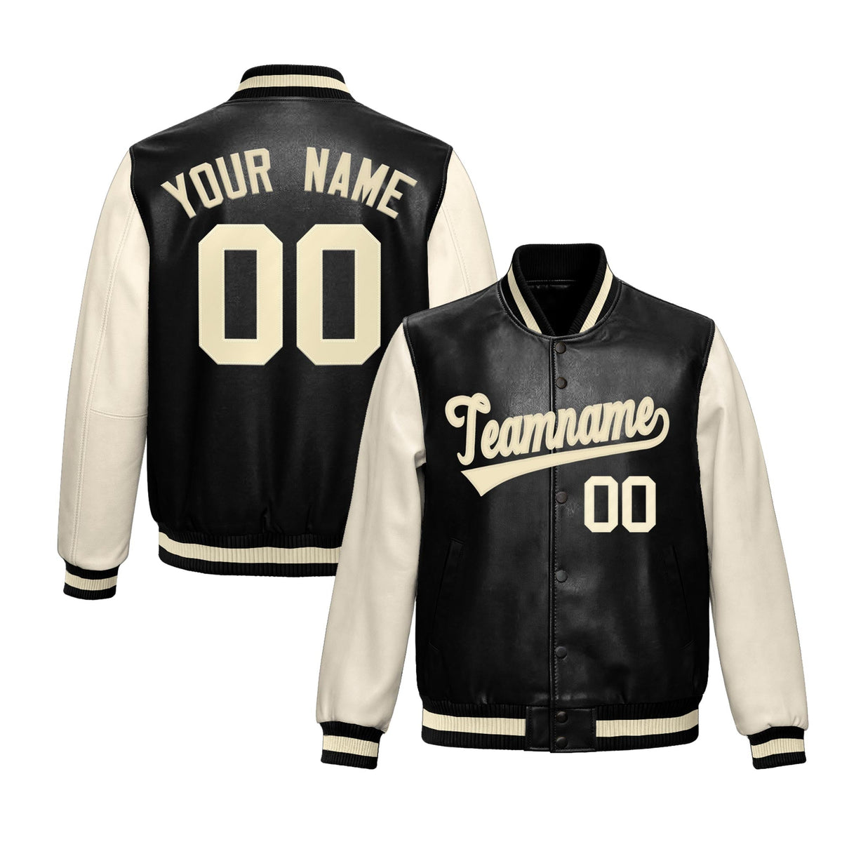Custom Black Cream Raglan Sleeves Full-Snap Varsity Faux Leather Letterman Jacket| KXKSHOP