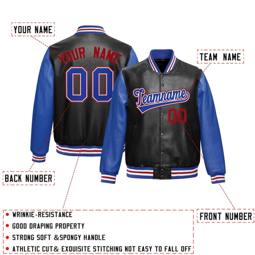 Custom Black Royal Blue Red Raglan Sleeves Full-Snap Varsity Faux Leather Letterman Jacket| KXKSHOP