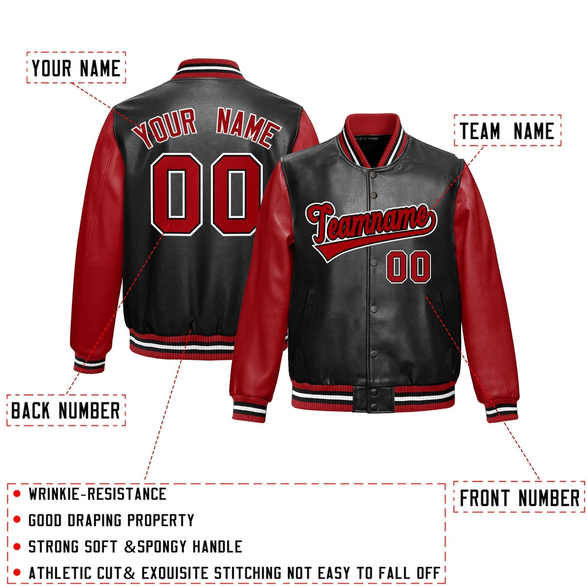 Custom Black Red Raglan Sleeves Full-Snap Varsity Faux Leather Letterman Jacket| KXKSHOP