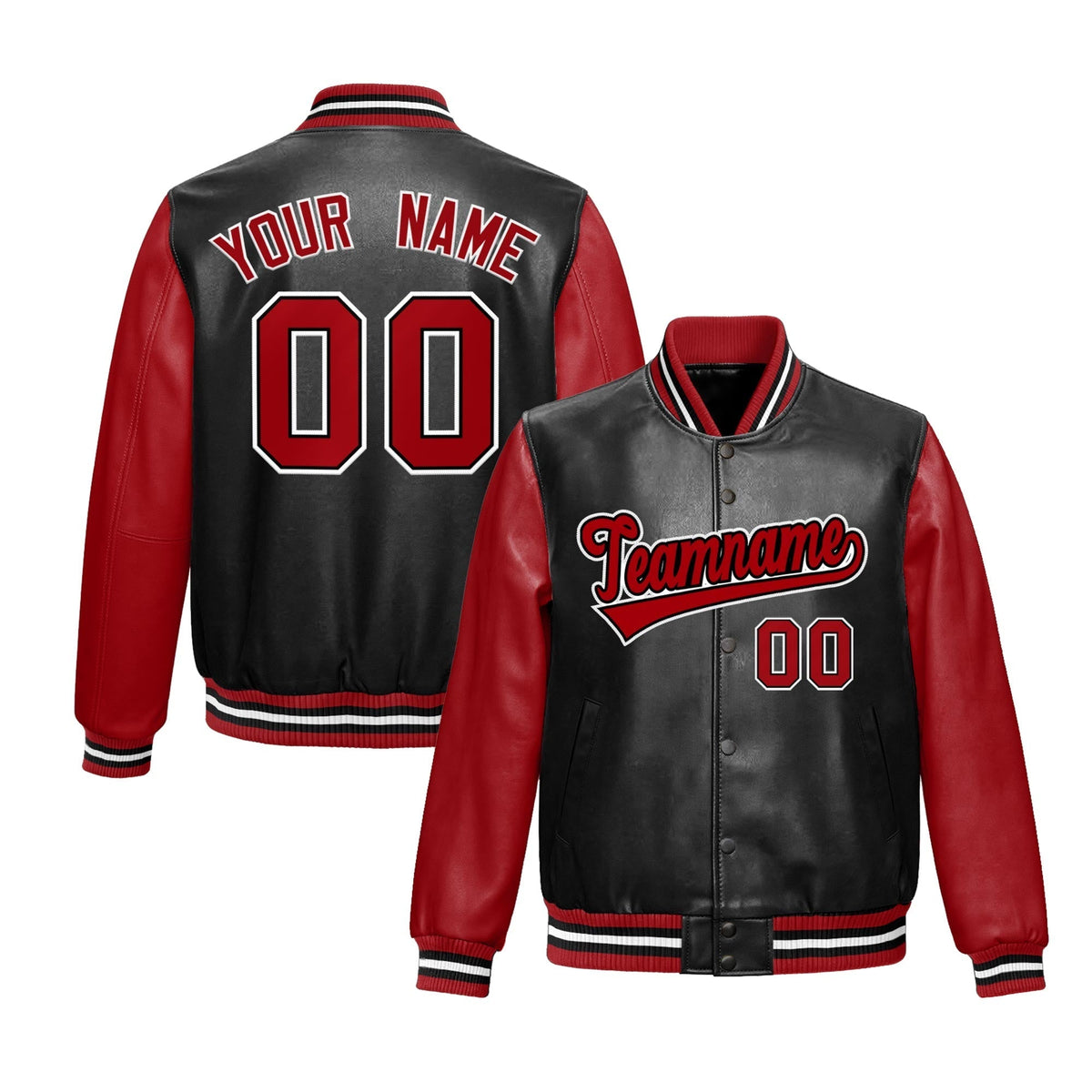 Custom Black Red Raglan Sleeves Full-Snap Varsity Faux Leather Letterman Jacket| KXKSHOP