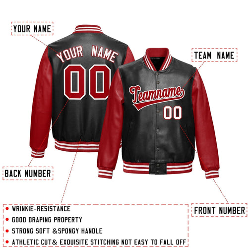 Custom Black Red White Raglan Sleeves Full-Snap Varsity Faux Leather Letterman Jacket| KXKSHOP