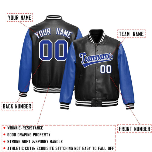 Custom Black Royal Blue Raglan Sleeves Full-Snap Varsity Faux Leather Letterman Jacket| KXKSHOP
