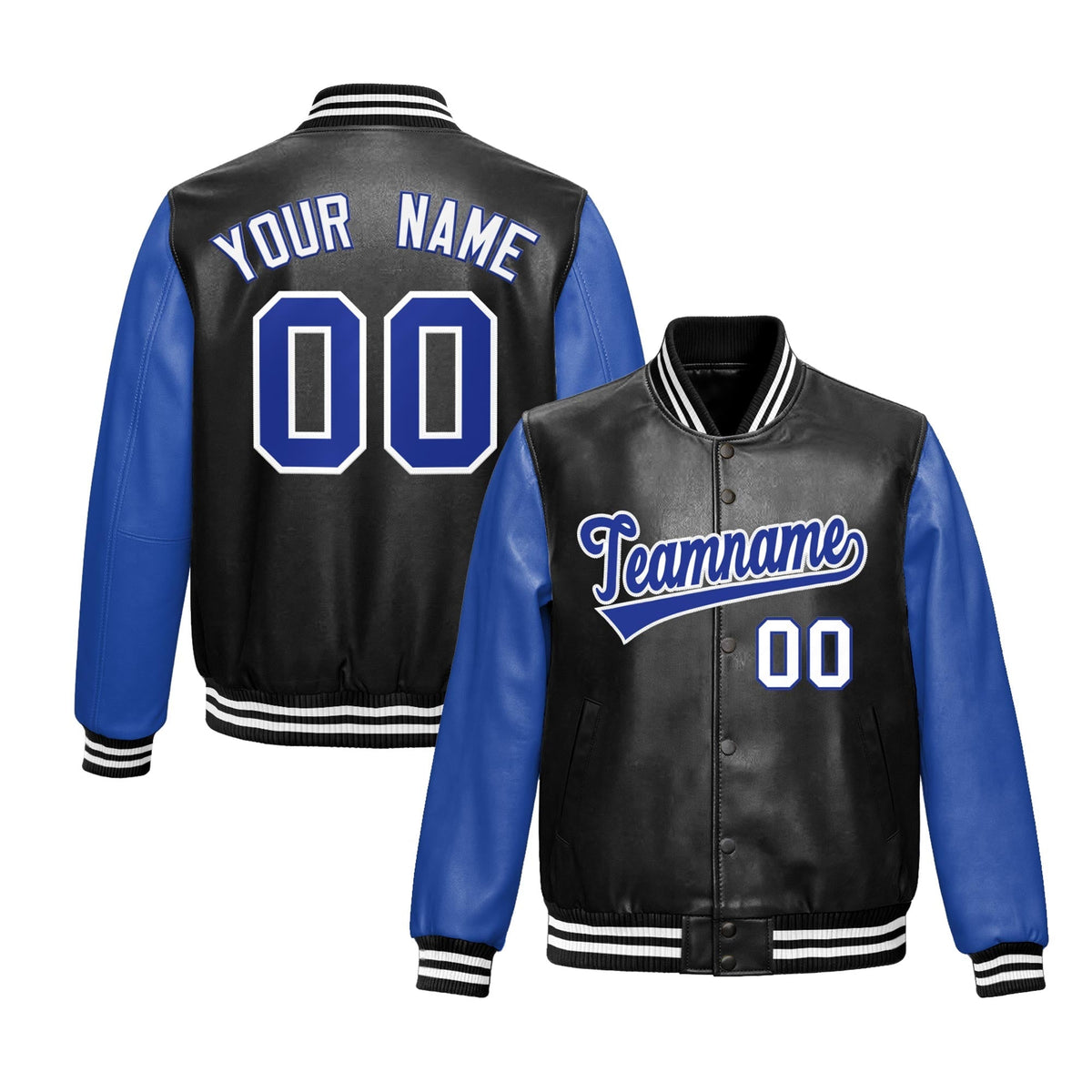 Custom Black Royal Blue Raglan Sleeves Full-Snap Varsity Faux Leather Letterman Jacket| KXKSHOP