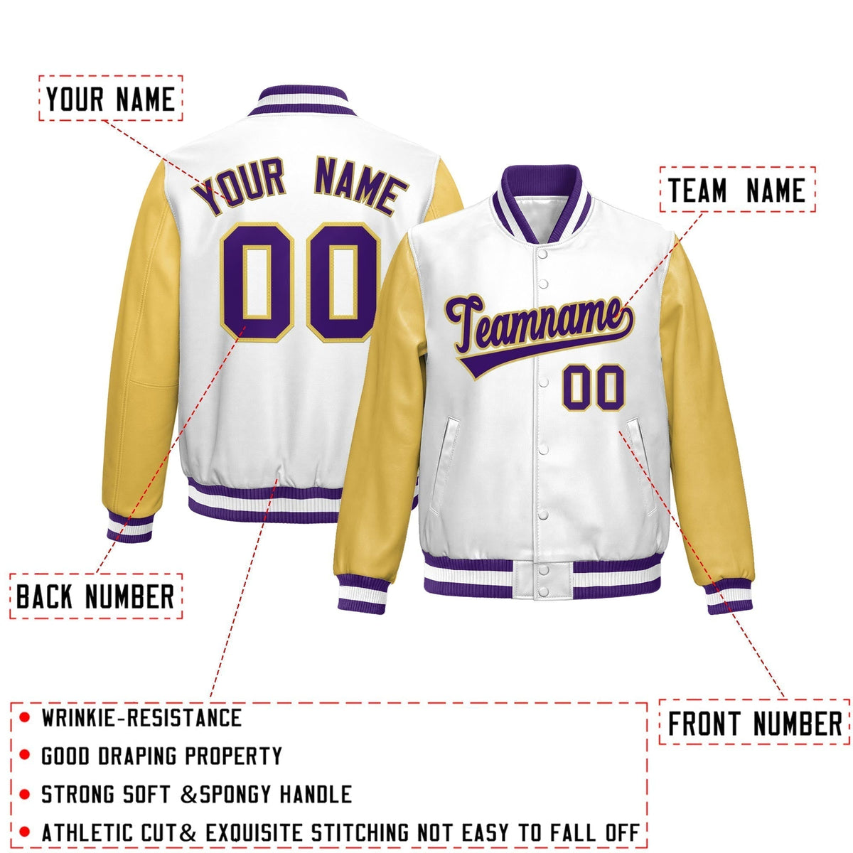 Custom White Khaki Raglan Sleeves Full-Snap Varsity Faux Leather Letterman Jacket| KXKSHOP