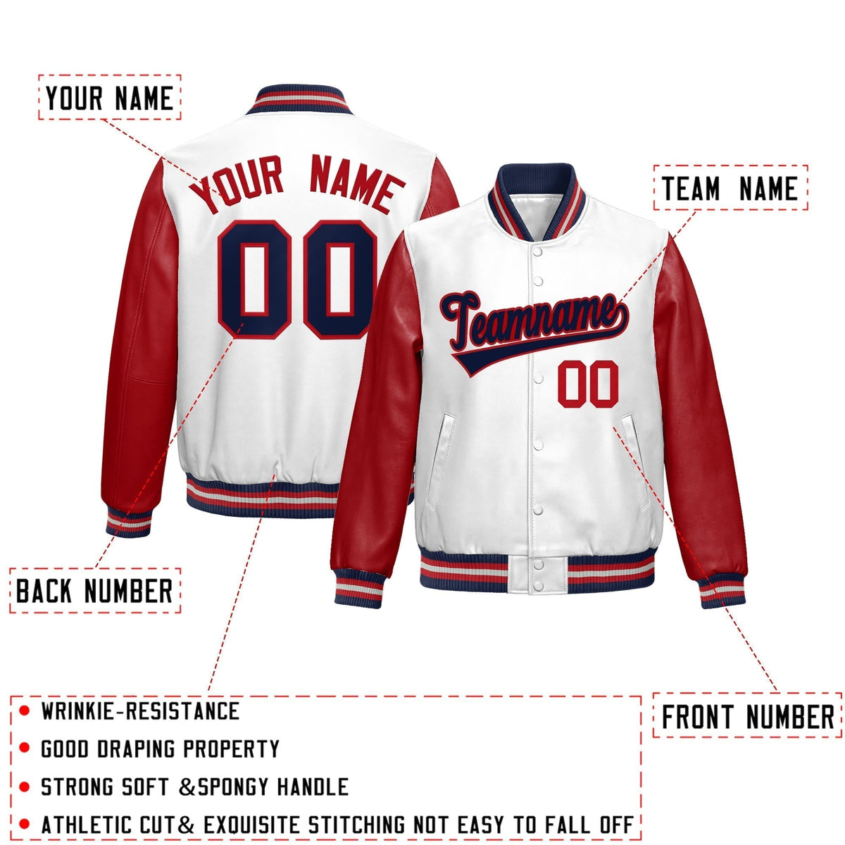Custom White Red Navy Raglan Sleeves Full-Snap Varsity Faux Leather Letterman Jacket| KXKSHOP