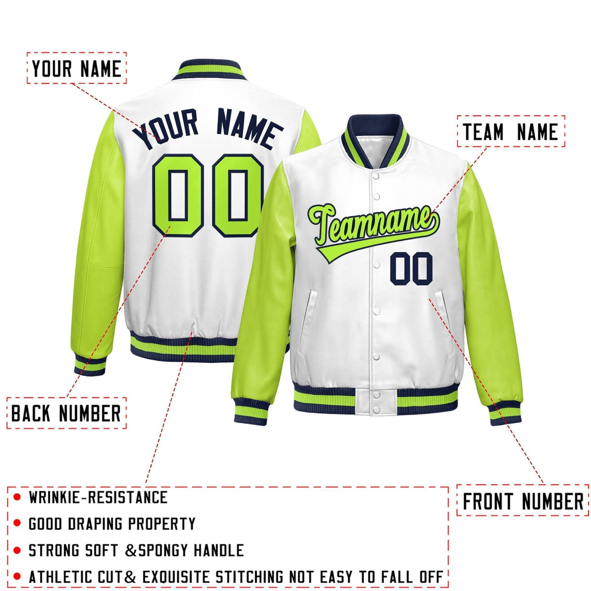 Custom White Neon Green Raglan Sleeves Full-Snap Varsity Faux Leather Letterman Jacket| KXKSHOP
