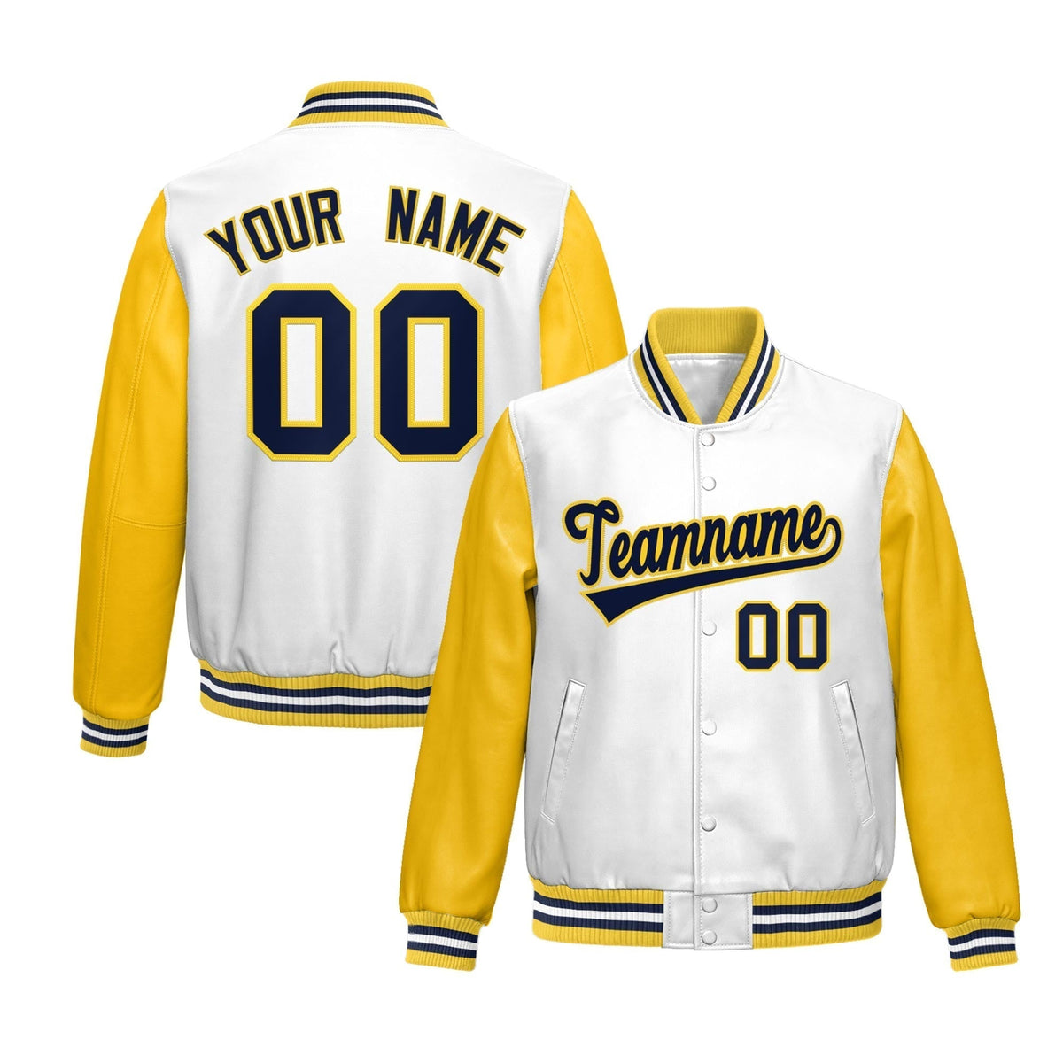 Custom White Yellow Navy Raglan Sleeves Full-Snap Varsity Faux Leather Letterman Jacket| KXKSHOP