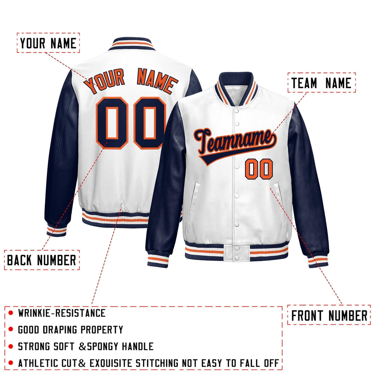 Custom White Navy Raglan Sleeves Full-Snap Varsity Faux Leather Letterman Jacket| KXKSHOP