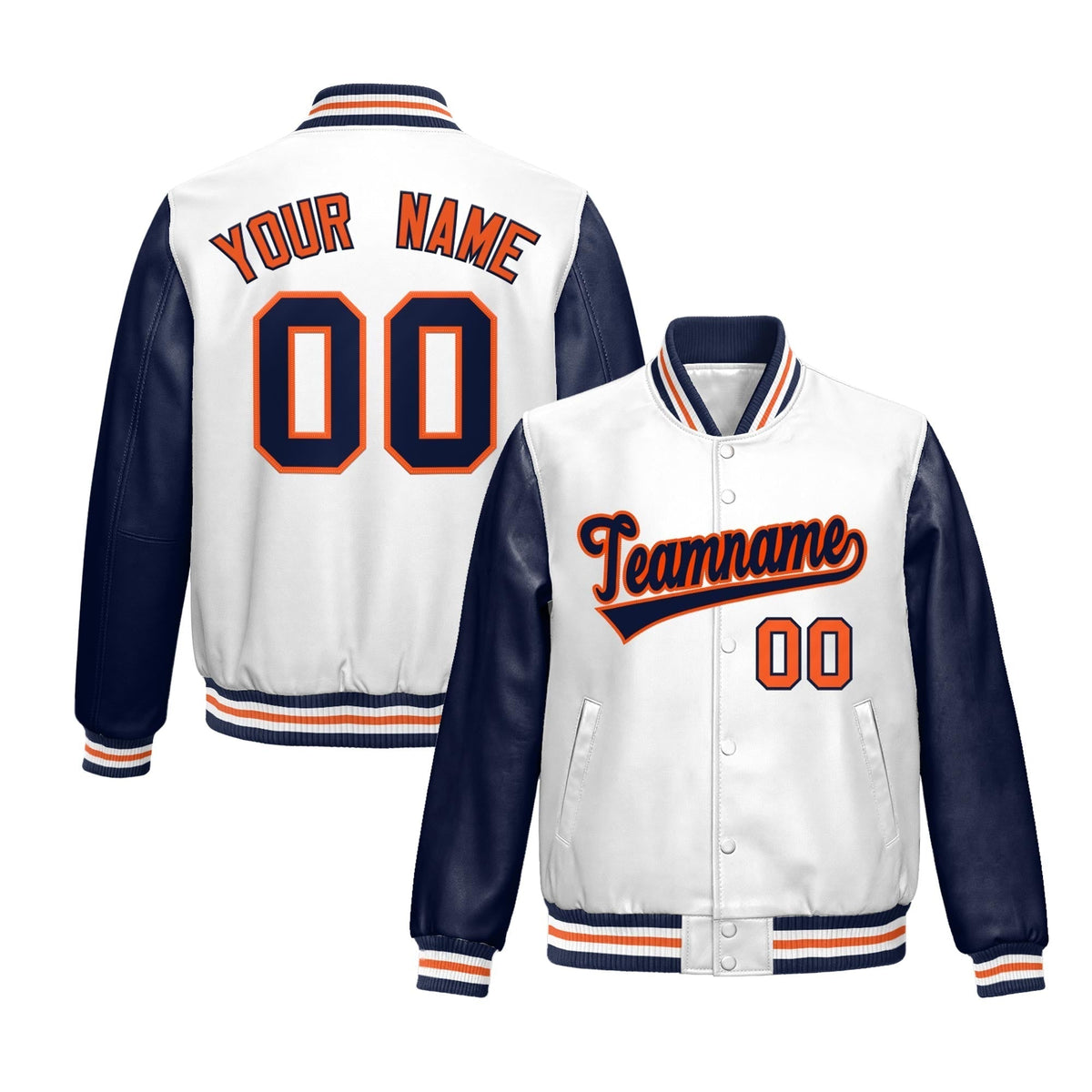 Custom White Navy Raglan Sleeves Full-Snap Varsity Faux Leather Letterman Jacket| KXKSHOP