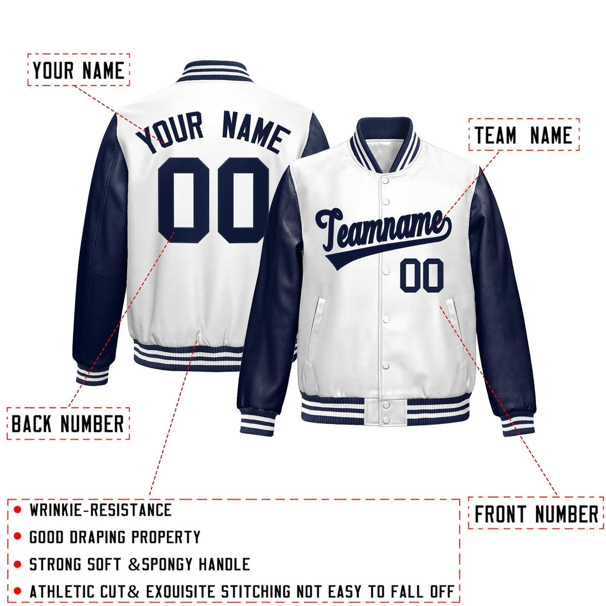 Custom Navy White Raglan Sleeves Full-Snap Varsity Faux Leather Letterman Jacket| KXKSHOP