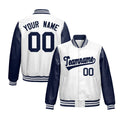 Custom Navy White Raglan Sleeves Full-Snap Varsity Faux Leather Letterman Jacket| KXKSHOP