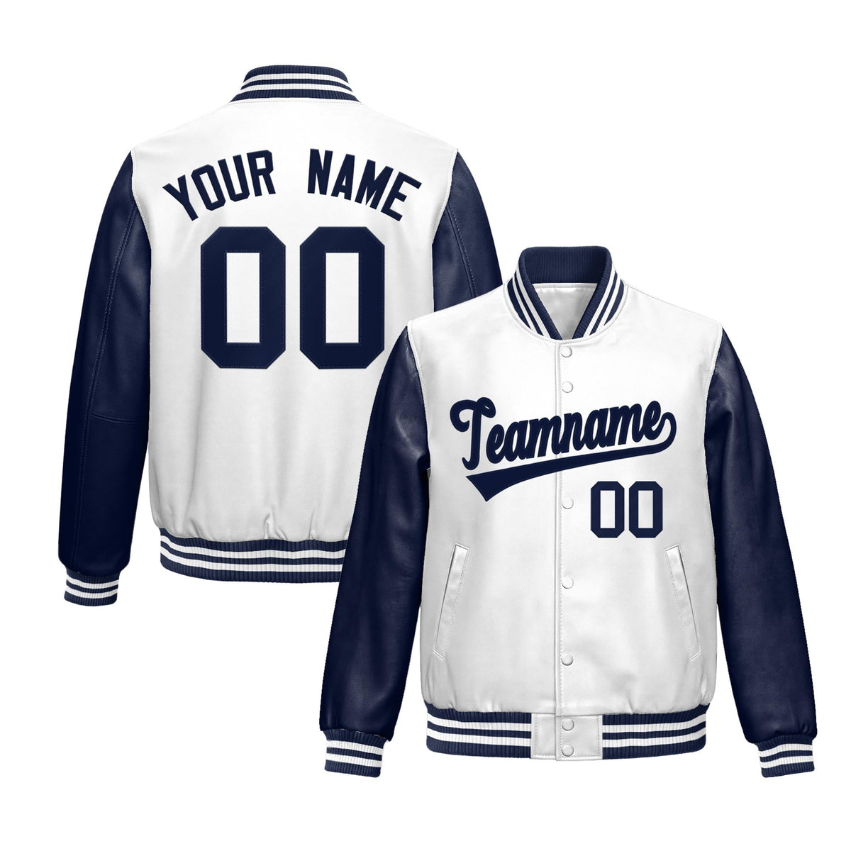 Custom Navy White Raglan Sleeves Full-Snap Varsity Faux Leather Letterman Jacket| KXKSHOP