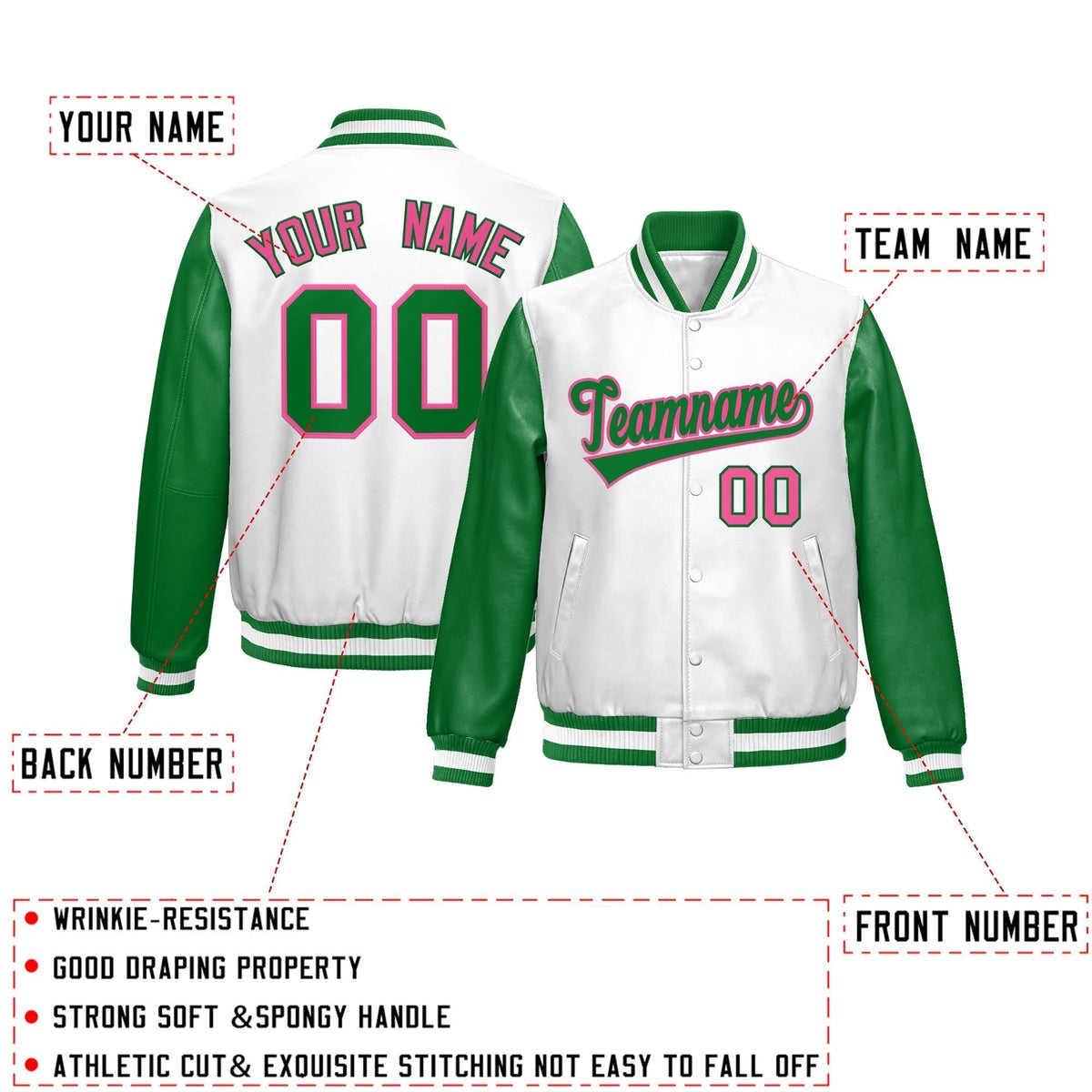 Custom Kelly Green White Raglan Sleeves Full-Snap Varsity Faux Leather Letterman Jacket| KXKSHOP