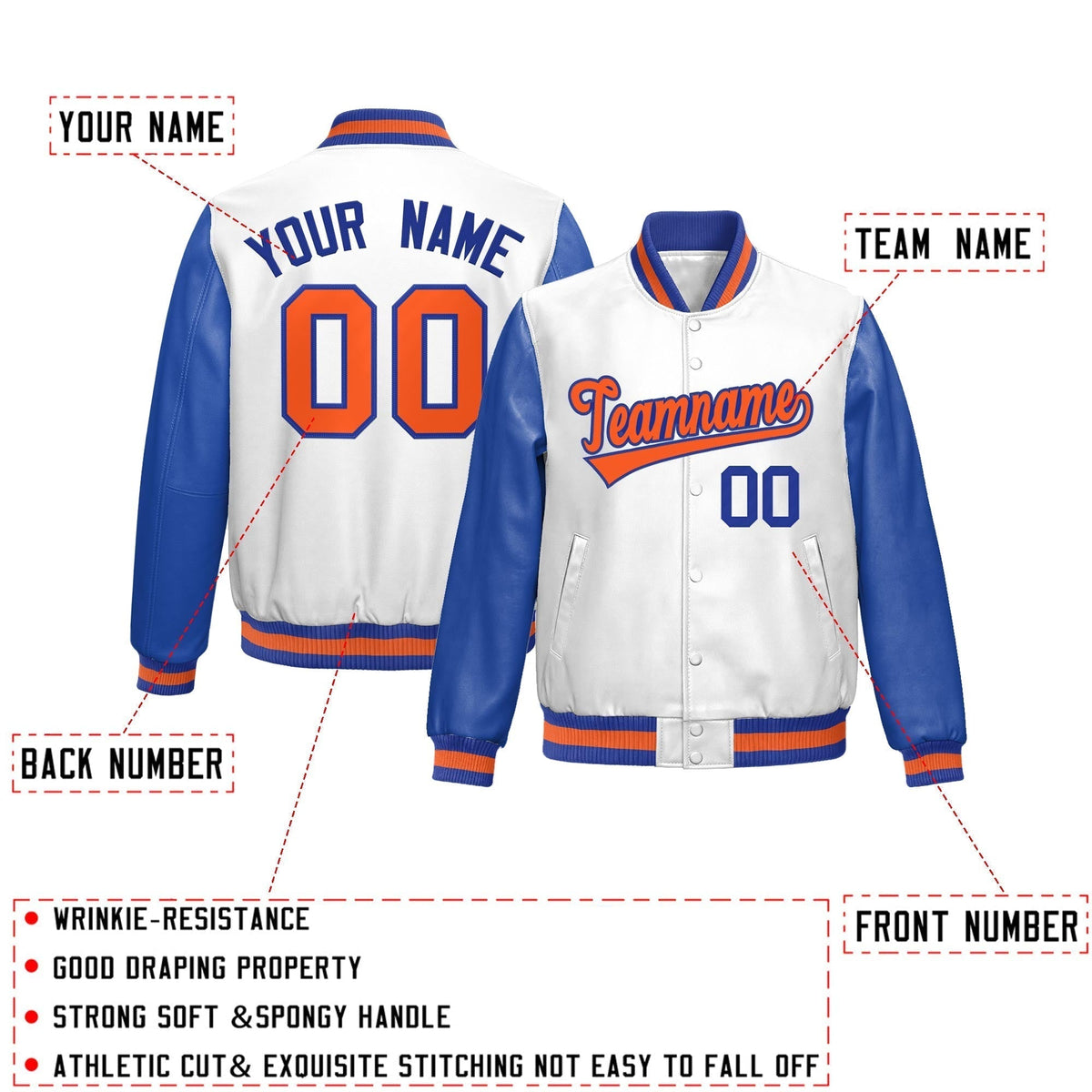 Custom White Royal Blue Raglan Sleeves Full-Snap Varsity Faux Leather Letterman Jacket| KXKSHOP