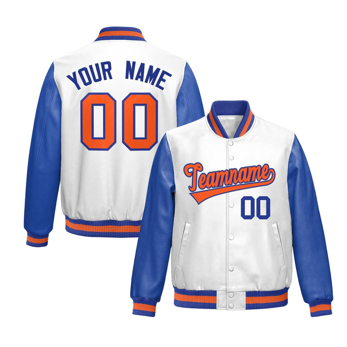 Custom White Royal Blue Raglan Sleeves Full-Snap Varsity Faux Leather Letterman Jacket| KXKSHOP