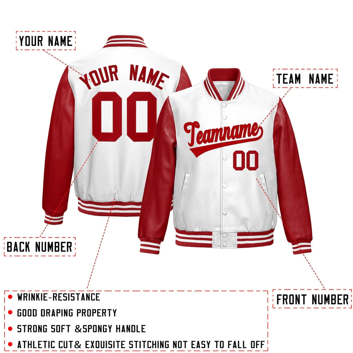 Custom White Red Raglan Sleeves Full-Snap Varsity Faux Leather Letterman Jacket| KXKSHOP
