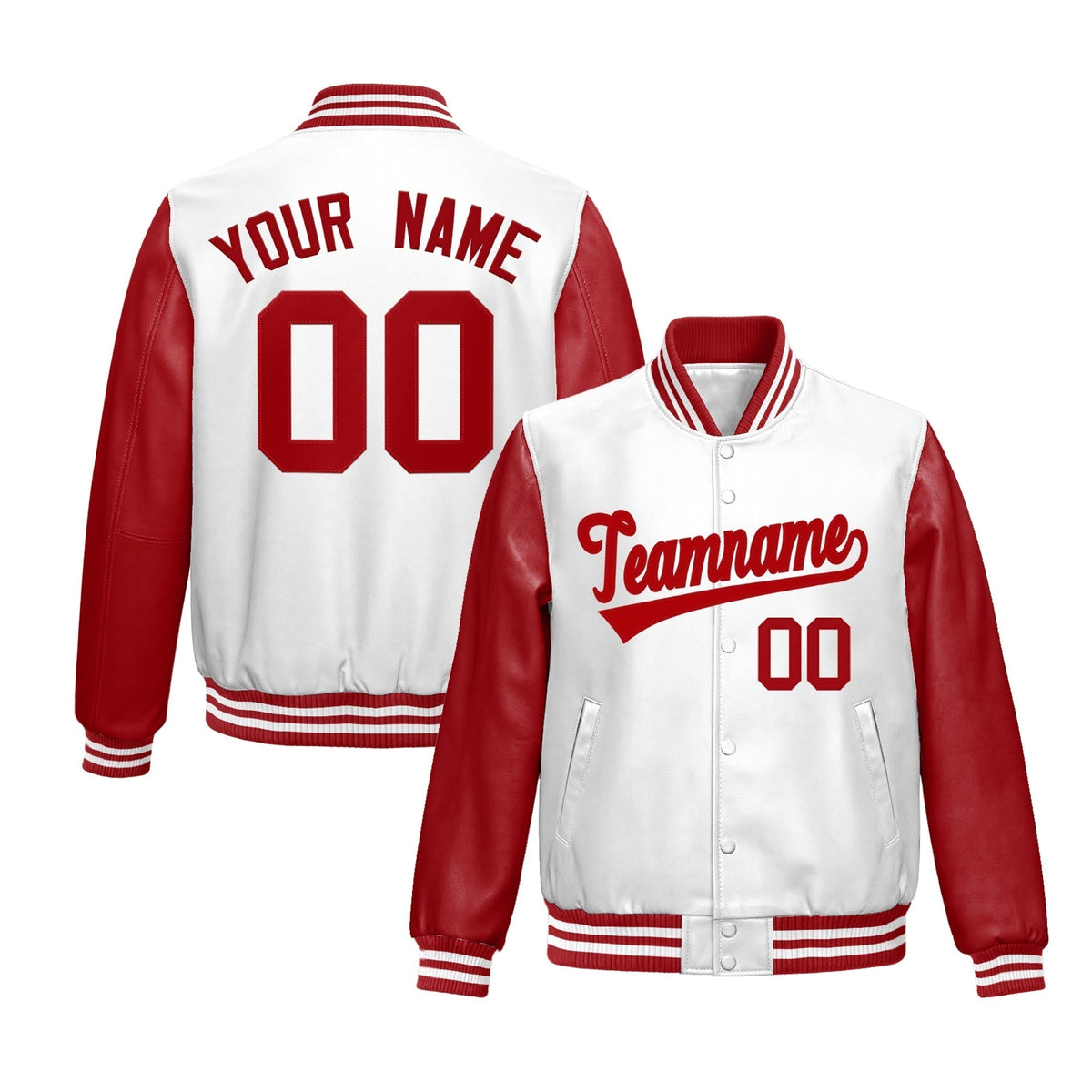 Custom White Red Raglan Sleeves Full-Snap Varsity Faux Leather Letterman Jacket| KXKSHOP