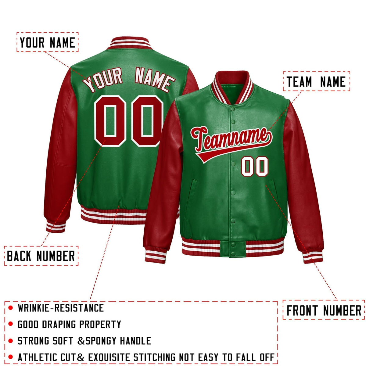 Custom Kelly Green Red Raglan Sleeves Full-Snap Varsity Faux Leather Letterman Jacket| KXKSHOP