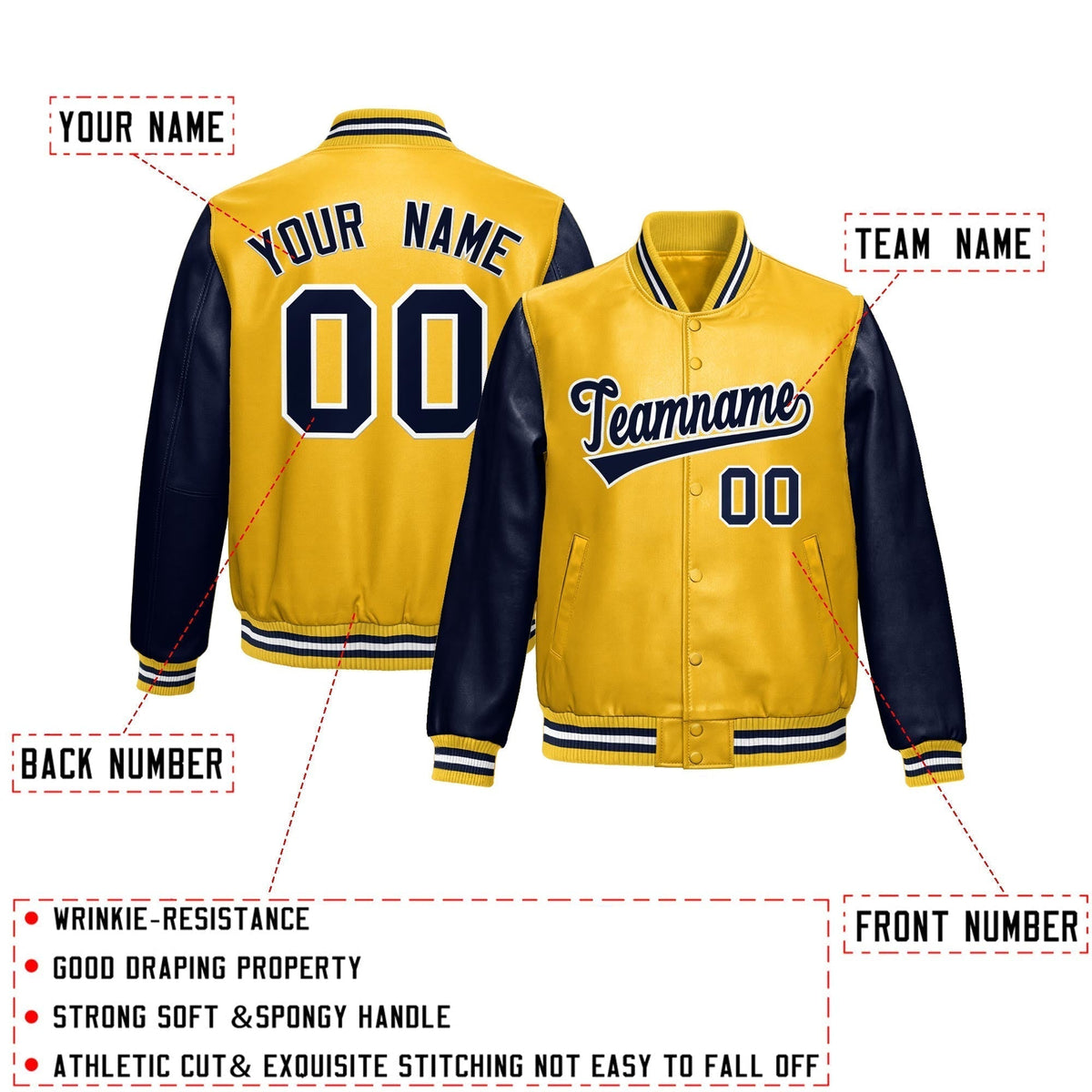 Custom Yellow Navy Raglan Sleeves Full-Snap Varsity Faux Leather Letterman Jacket| KXKSHOP