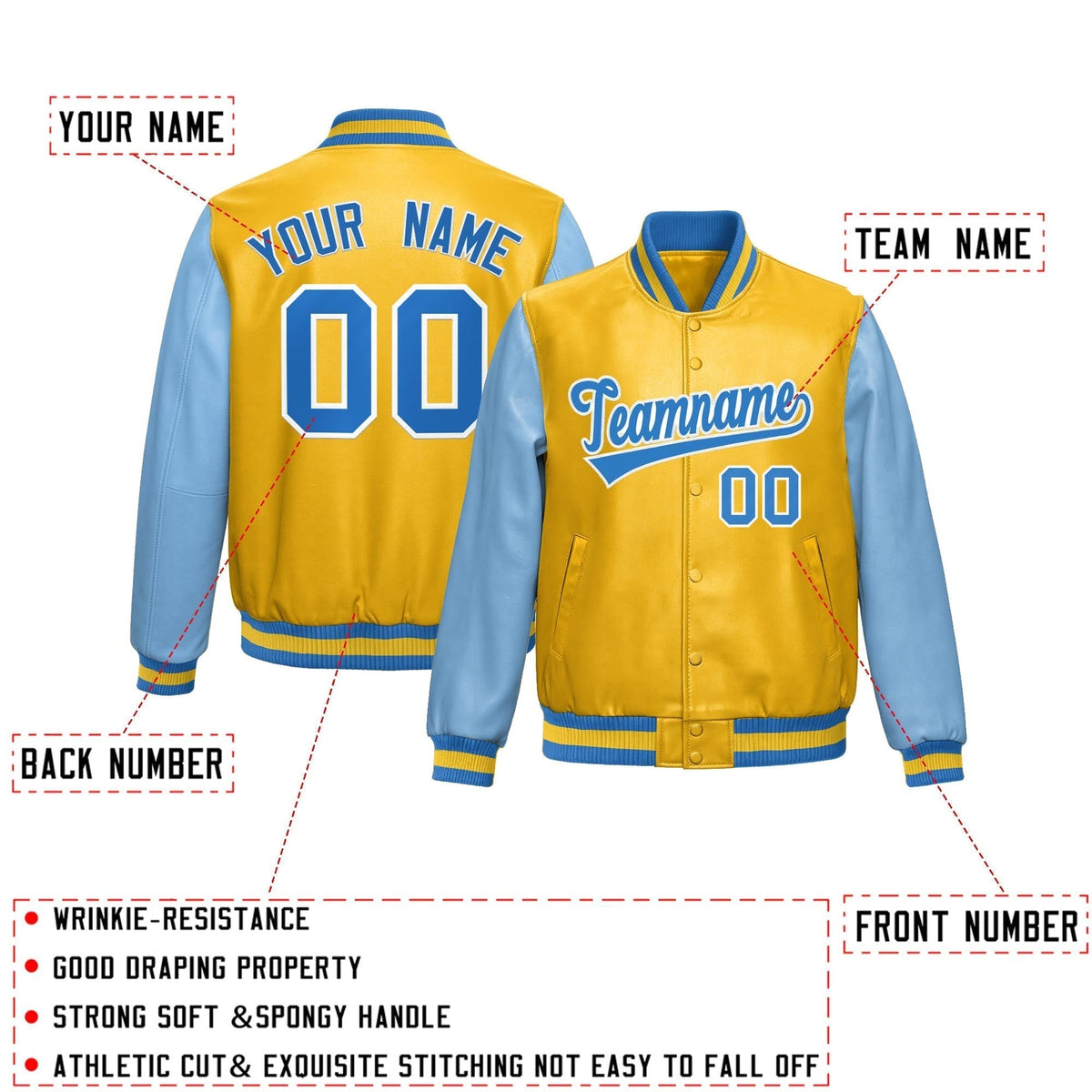 Custom Yellow Powder Blue Raglan Sleeves Full-Snap Varsity Faux Leather Letterman Jacket| KXKSHOP