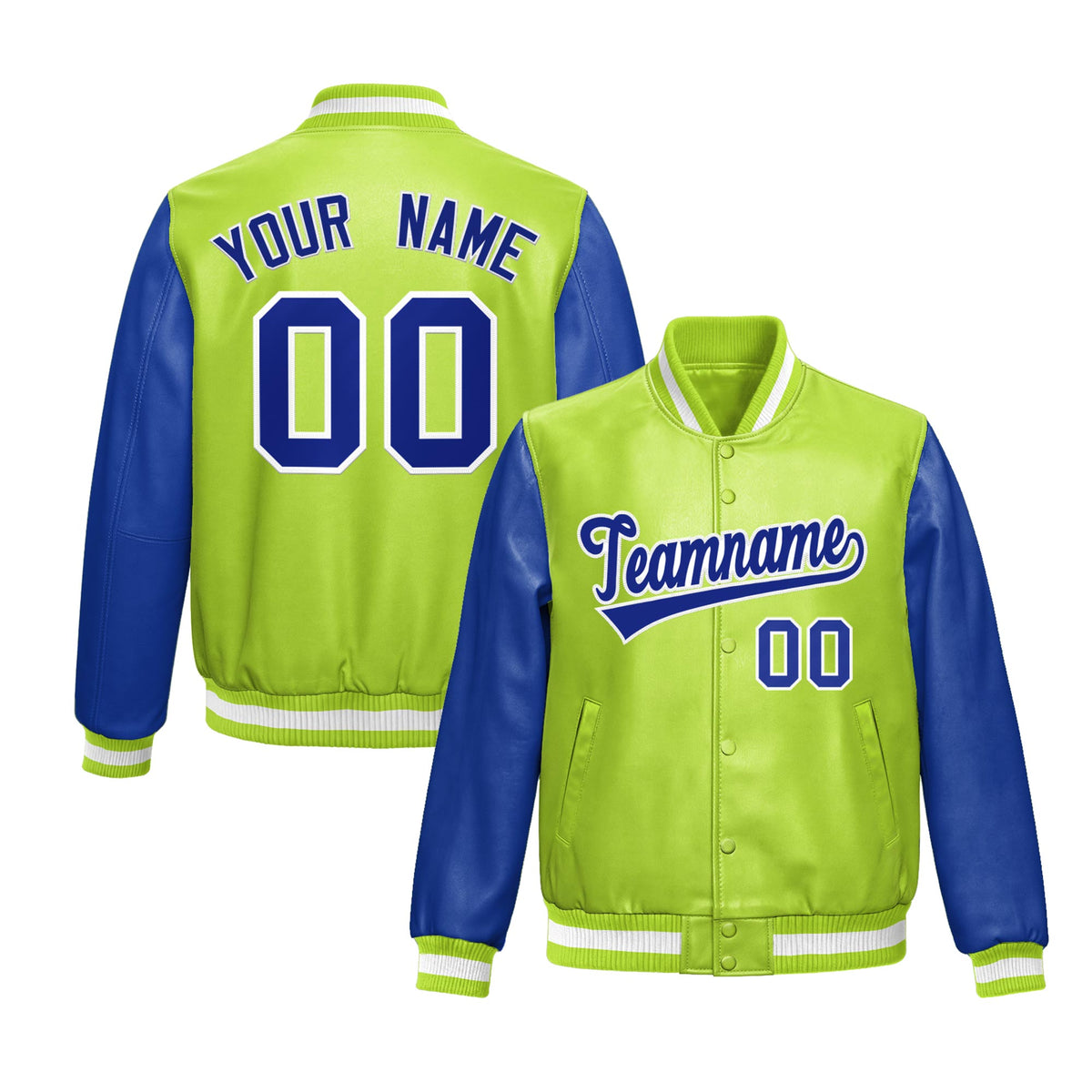 Custom Neon Green Royal Blue Raglan Sleeves Full-Snap Varsity Faux Leather Letterman Jacket| KXKSHOP