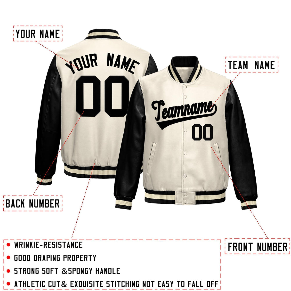 Custom Cream Black Raglan Sleeves Full-Snap Varsity Faux Leather Letterman Jacket| KXKSHOP