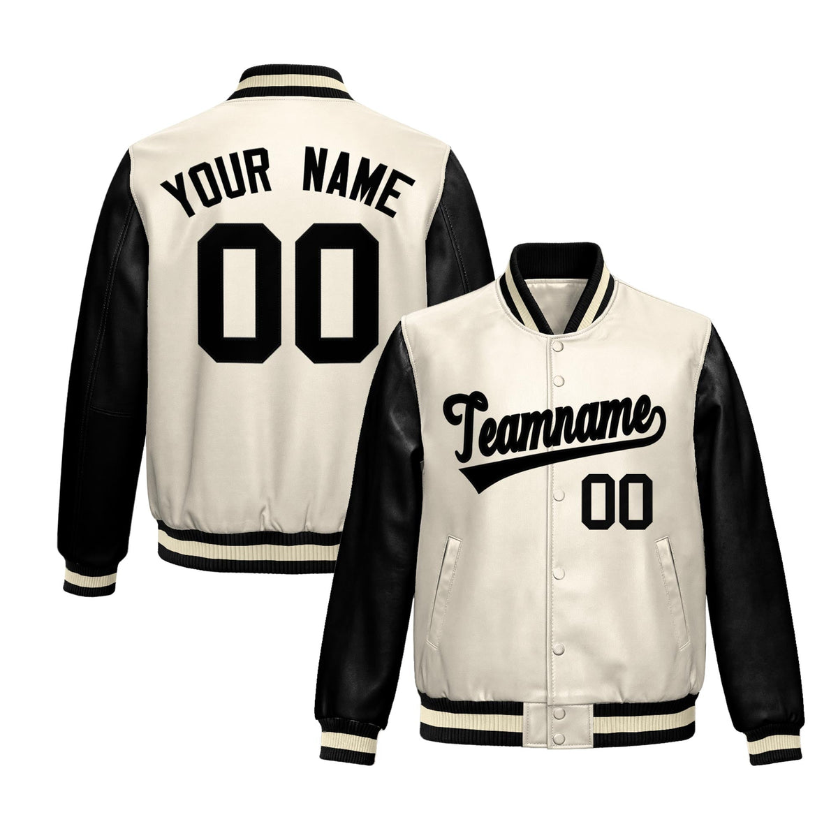 Custom Cream Black Raglan Sleeves Full-Snap Varsity Faux Leather Letterman Jacket| KXKSHOP