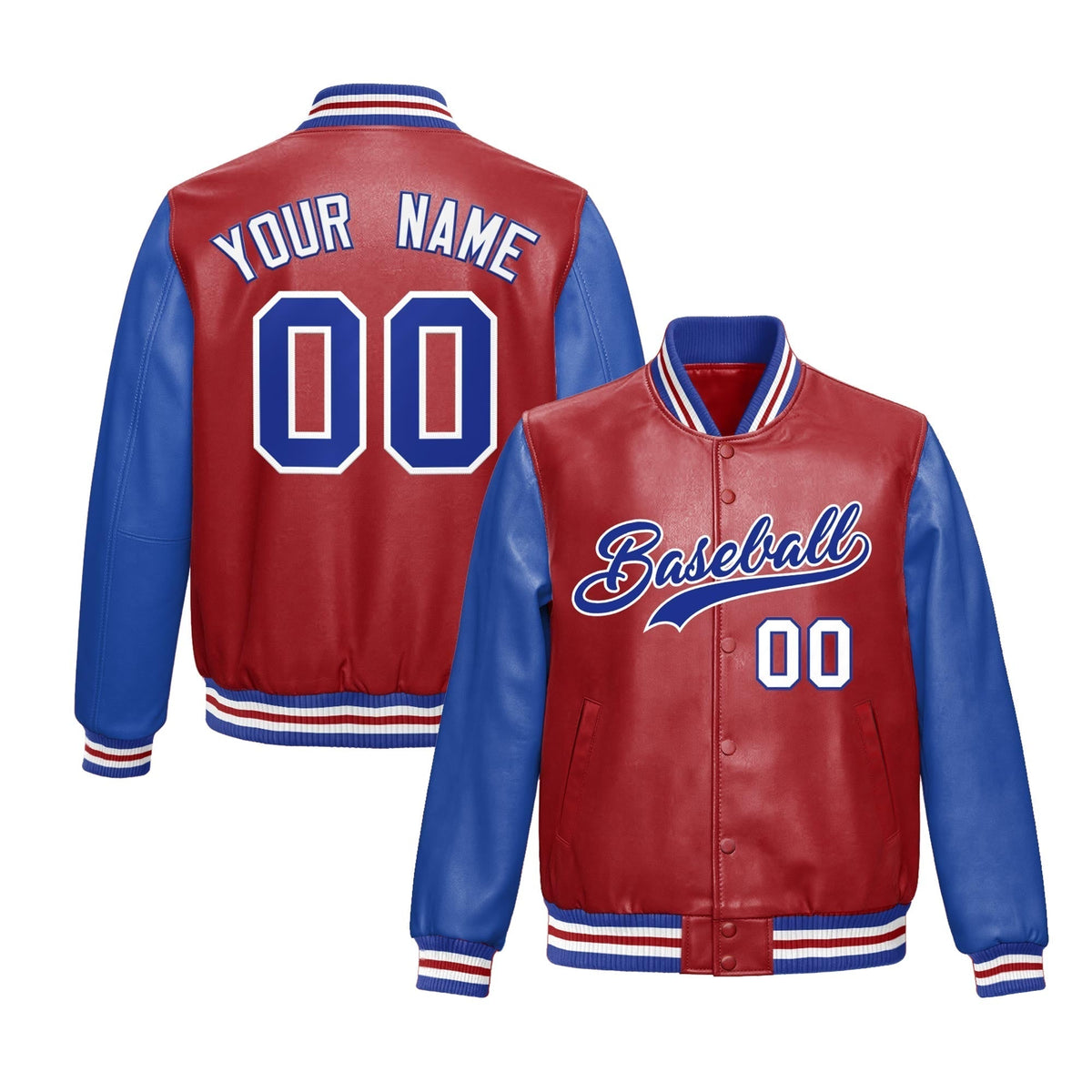 Custom Red Royal Blue Raglan Sleeves Full-Snap Varsity Faux Leather Letterman Jacket| KXKSHOP