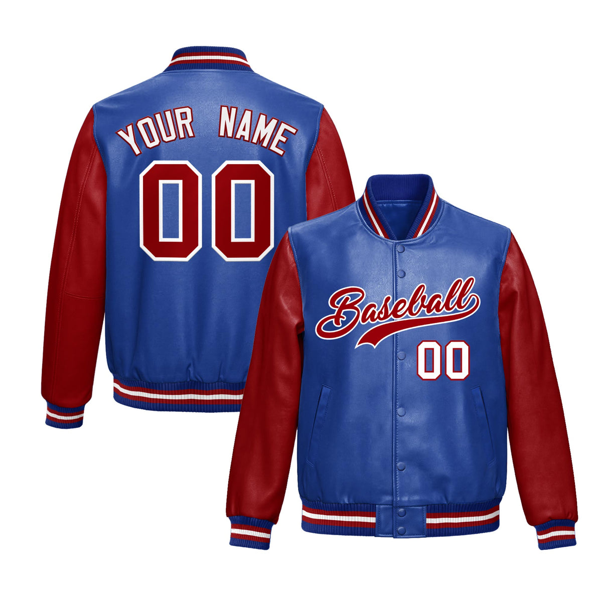 Custom Royal Blue Red Raglan Sleeves Full-Snap Varsity Faux Leather Letterman Jacket| KXKSHOP