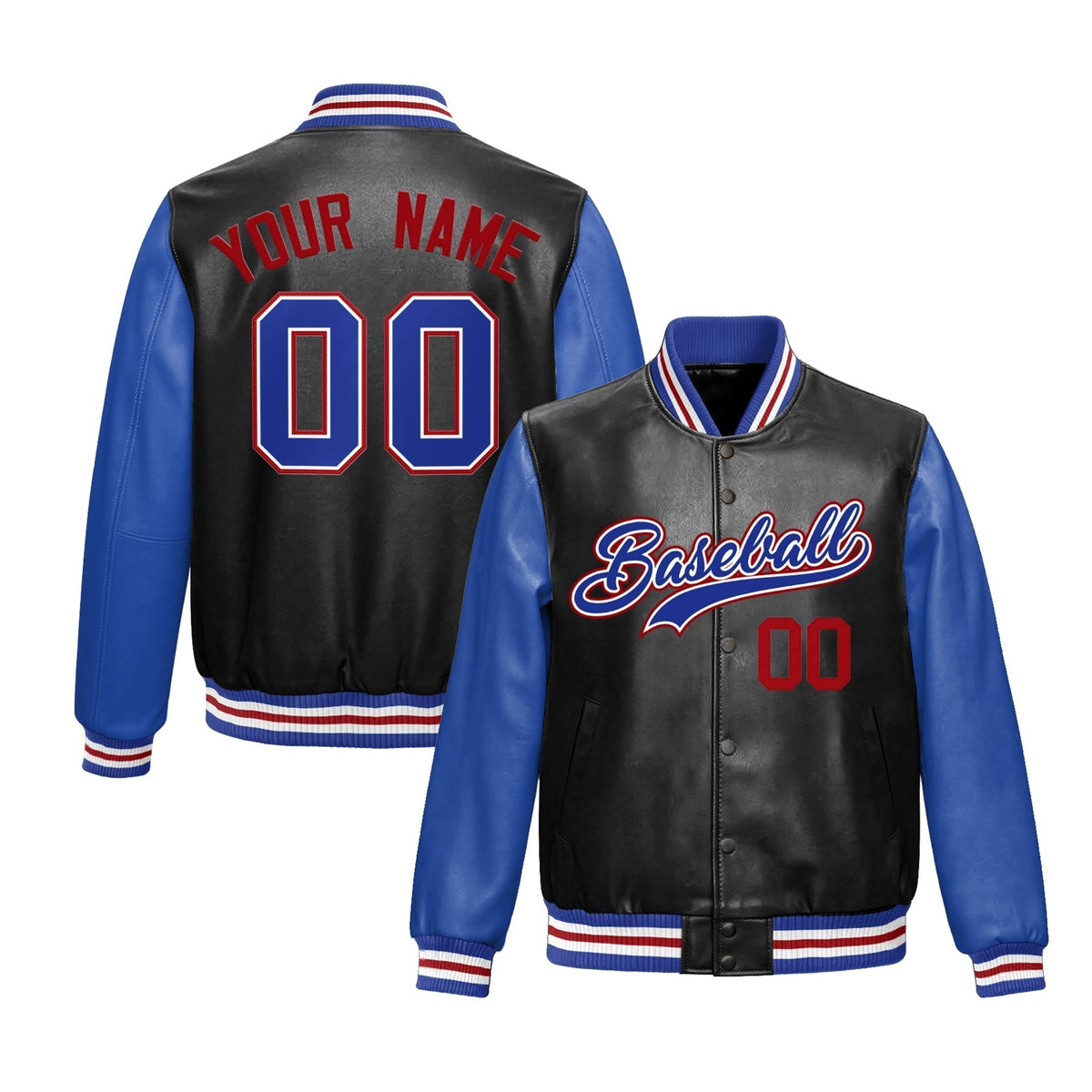 Custom Black Royal Blue Red Raglan Sleeves Full-Snap Varsity Faux Leather Letterman Jacket| KXKSHOP