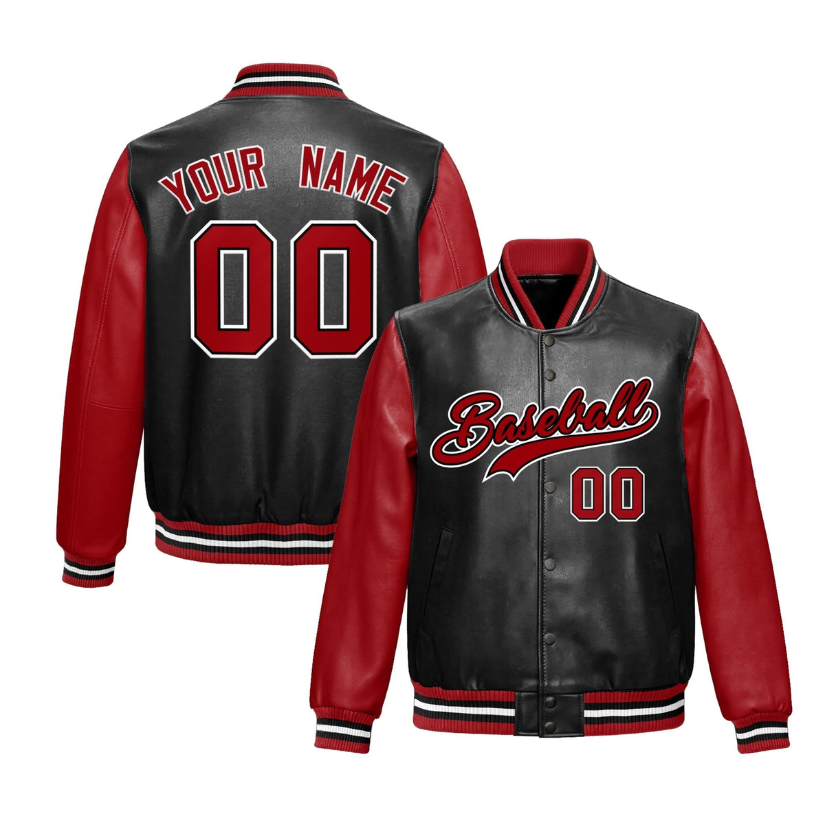 Custom Black Red Raglan Sleeves Full-Snap Varsity Faux Leather Letterman Jacket| KXKSHOP