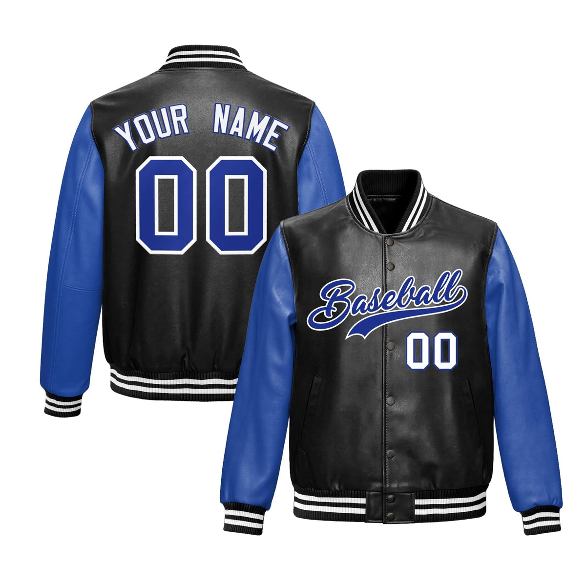 Custom Black Royal Blue Raglan Sleeves Full-Snap Varsity Faux Leather Letterman Jacket| KXKSHOP